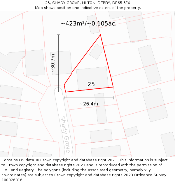 25, SHADY GROVE, HILTON, DERBY, DE65 5FX: Plot and title map