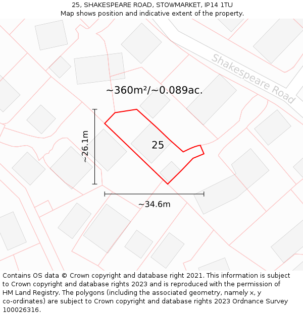25, SHAKESPEARE ROAD, STOWMARKET, IP14 1TU: Plot and title map