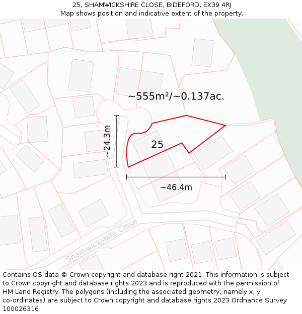 25, SHAMWICKSHIRE CLOSE, BIDEFORD, EX39 4RJ: Plot and title map