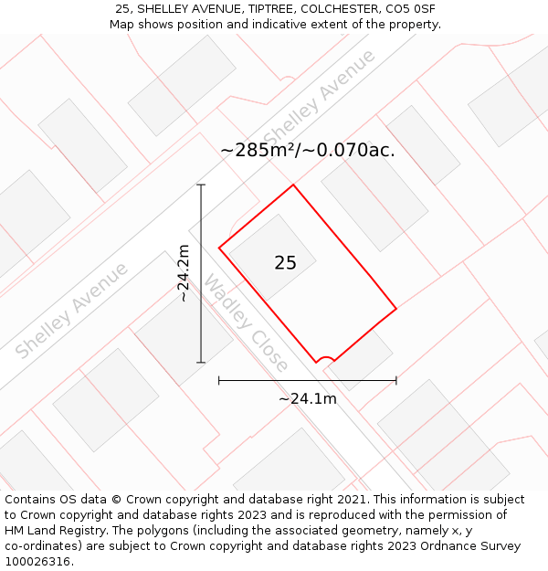 25, SHELLEY AVENUE, TIPTREE, COLCHESTER, CO5 0SF: Plot and title map