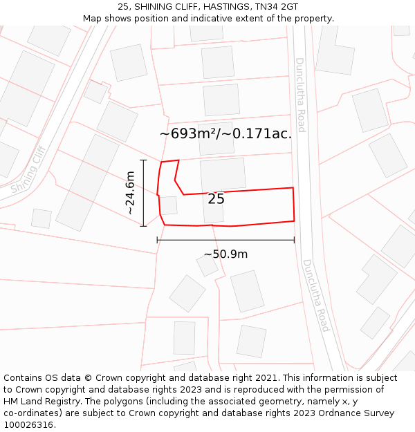 25, SHINING CLIFF, HASTINGS, TN34 2GT: Plot and title map