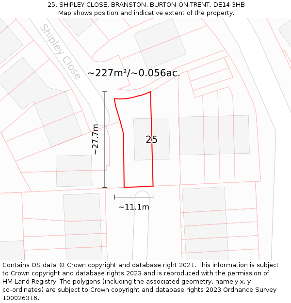 25, SHIPLEY CLOSE, BRANSTON, BURTON-ON-TRENT, DE14 3HB: Plot and title map