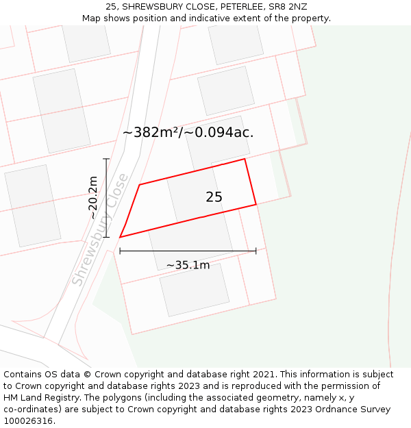 25, SHREWSBURY CLOSE, PETERLEE, SR8 2NZ: Plot and title map