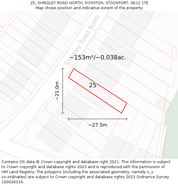 25, SHRIGLEY ROAD NORTH, POYNTON, STOCKPORT, SK12 1TE: Plot and title map