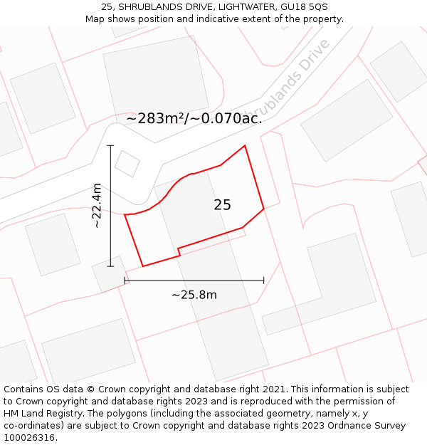 25, SHRUBLANDS DRIVE, LIGHTWATER, GU18 5QS: Plot and title map