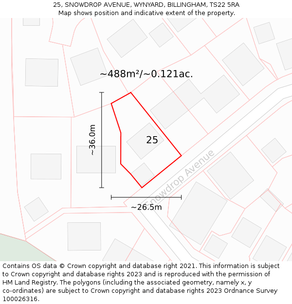 25, SNOWDROP AVENUE, WYNYARD, BILLINGHAM, TS22 5RA: Plot and title map