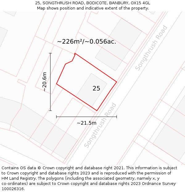 25, SONGTHRUSH ROAD, BODICOTE, BANBURY, OX15 4GL: Plot and title map