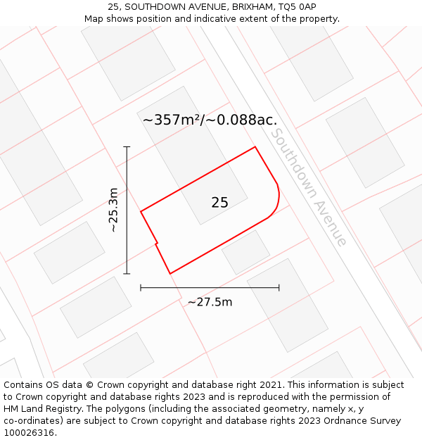 25, SOUTHDOWN AVENUE, BRIXHAM, TQ5 0AP: Plot and title map