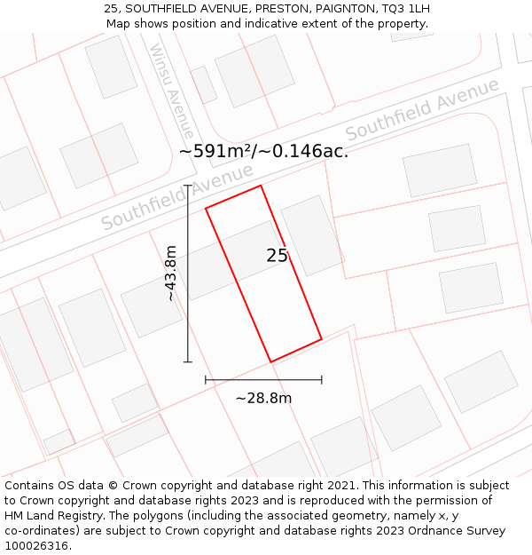 25, SOUTHFIELD AVENUE, PRESTON, PAIGNTON, TQ3 1LH: Plot and title map