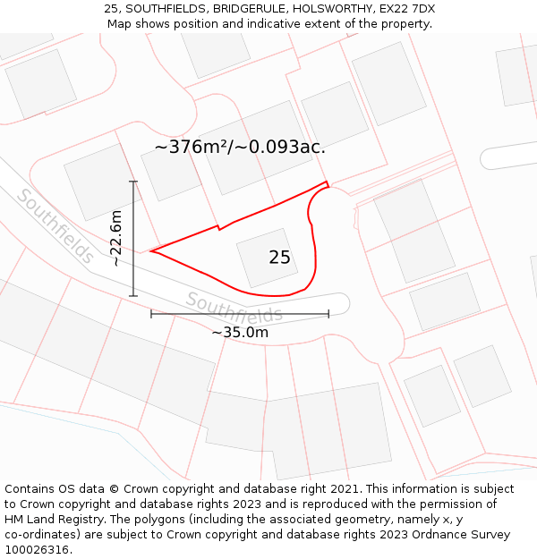 25, SOUTHFIELDS, BRIDGERULE, HOLSWORTHY, EX22 7DX: Plot and title map