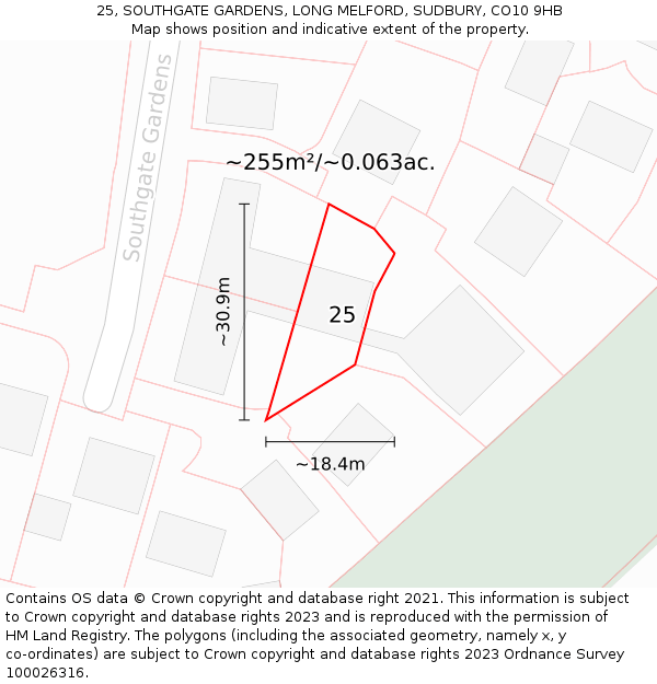 25, SOUTHGATE GARDENS, LONG MELFORD, SUDBURY, CO10 9HB: Plot and title map