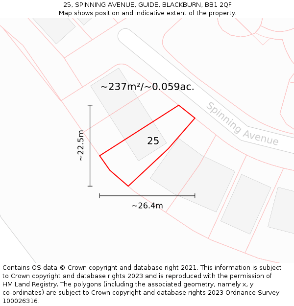 25, SPINNING AVENUE, GUIDE, BLACKBURN, BB1 2QF: Plot and title map