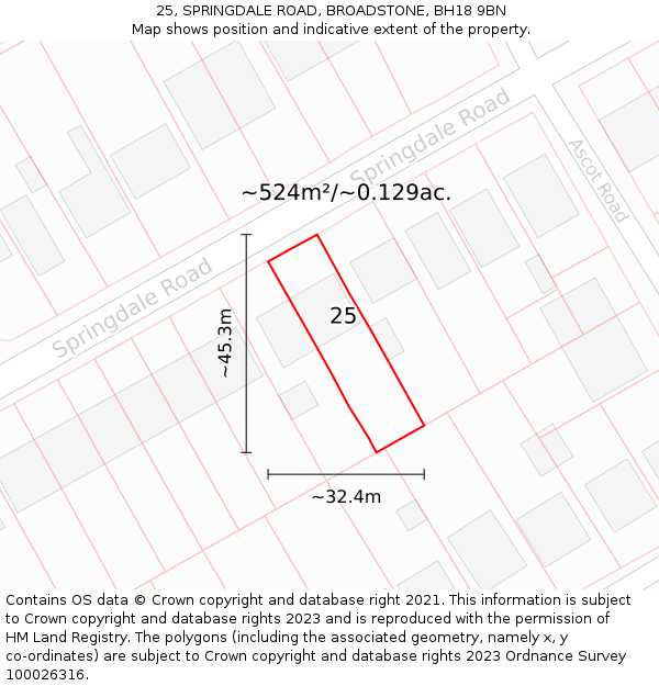 25, SPRINGDALE ROAD, BROADSTONE, BH18 9BN: Plot and title map