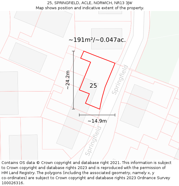 25, SPRINGFIELD, ACLE, NORWICH, NR13 3JW: Plot and title map