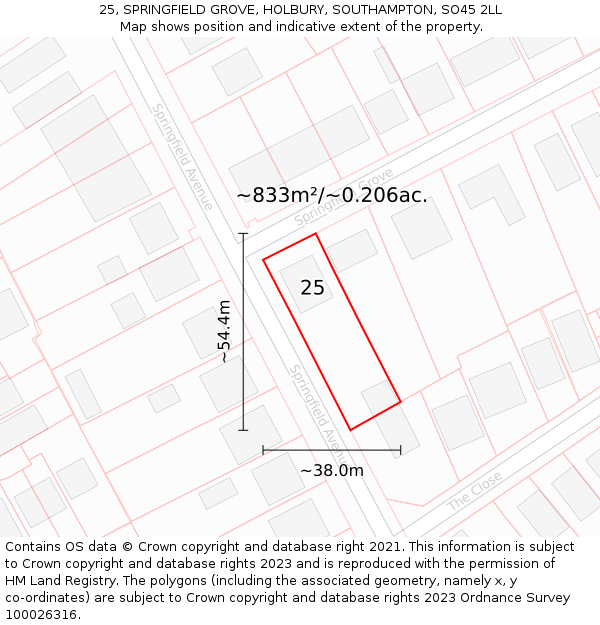 25, SPRINGFIELD GROVE, HOLBURY, SOUTHAMPTON, SO45 2LL: Plot and title map