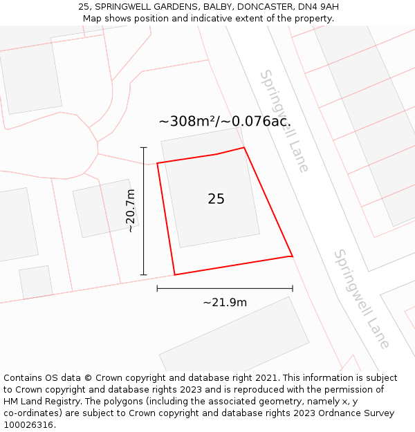 25, SPRINGWELL GARDENS, BALBY, DONCASTER, DN4 9AH: Plot and title map