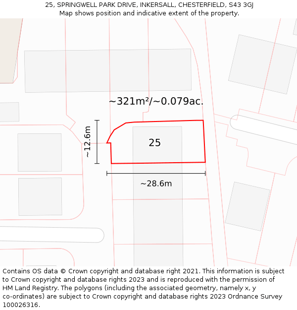 25, SPRINGWELL PARK DRIVE, INKERSALL, CHESTERFIELD, S43 3GJ: Plot and title map