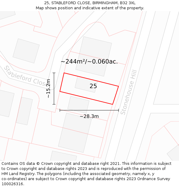 25, STABLEFORD CLOSE, BIRMINGHAM, B32 3XL: Plot and title map