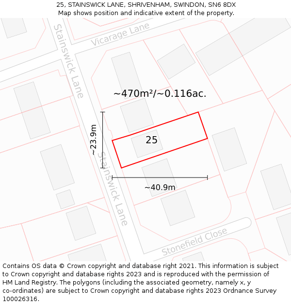 25, STAINSWICK LANE, SHRIVENHAM, SWINDON, SN6 8DX: Plot and title map