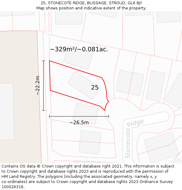 25, STONECOTE RIDGE, BUSSAGE, STROUD, GL6 8JY: Plot and title map