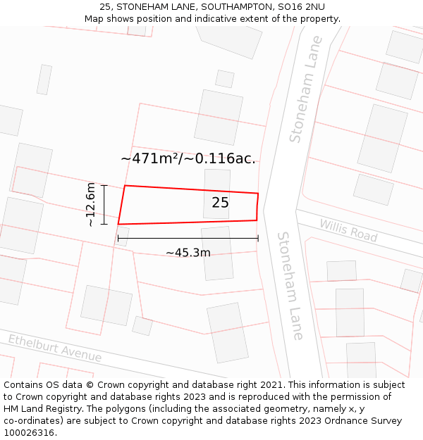 25, STONEHAM LANE, SOUTHAMPTON, SO16 2NU: Plot and title map