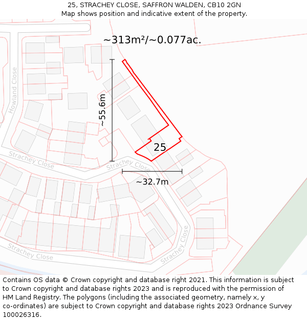 25, STRACHEY CLOSE, SAFFRON WALDEN, CB10 2GN: Plot and title map