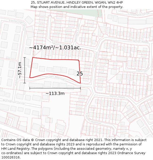 25, STUART AVENUE, HINDLEY GREEN, WIGAN, WN2 4HP: Plot and title map