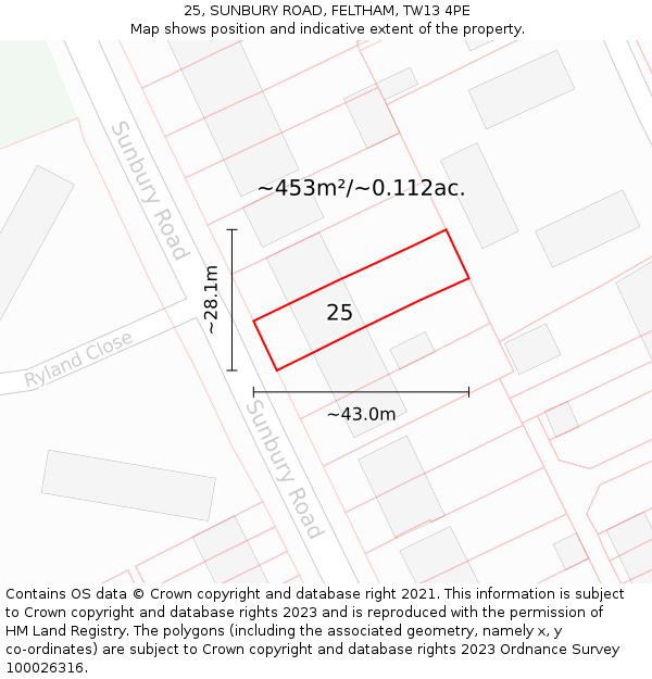 25, SUNBURY ROAD, FELTHAM, TW13 4PE: Plot and title map