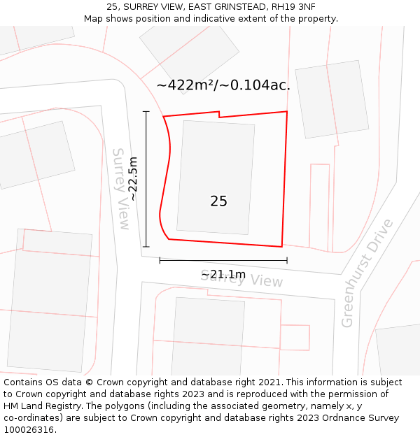 25, SURREY VIEW, EAST GRINSTEAD, RH19 3NF: Plot and title map