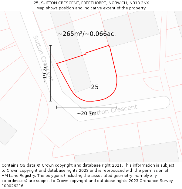 25, SUTTON CRESCENT, FREETHORPE, NORWICH, NR13 3NX: Plot and title map