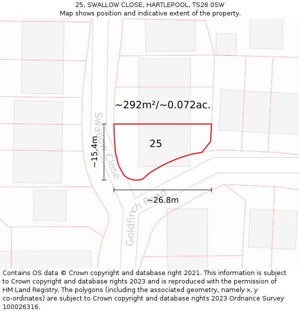 25, SWALLOW CLOSE, HARTLEPOOL, TS26 0SW: Plot and title map