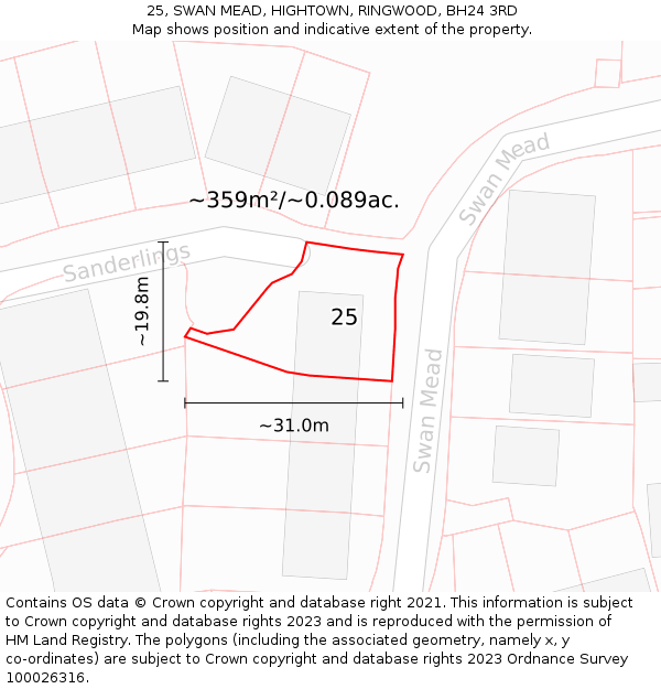 25, SWAN MEAD, HIGHTOWN, RINGWOOD, BH24 3RD: Plot and title map