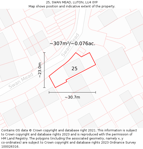 25, SWAN MEAD, LUTON, LU4 0YP: Plot and title map