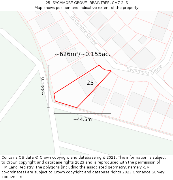 25, SYCAMORE GROVE, BRAINTREE, CM7 2LS: Plot and title map