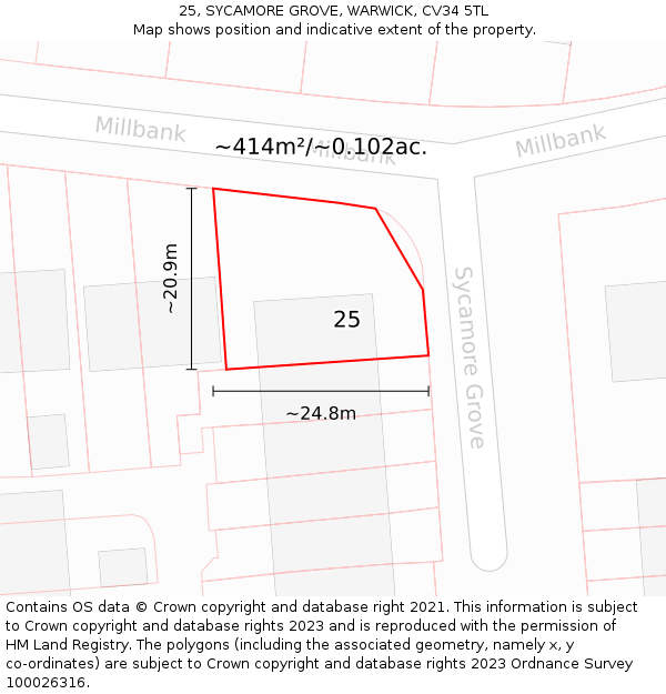 25, SYCAMORE GROVE, WARWICK, CV34 5TL: Plot and title map