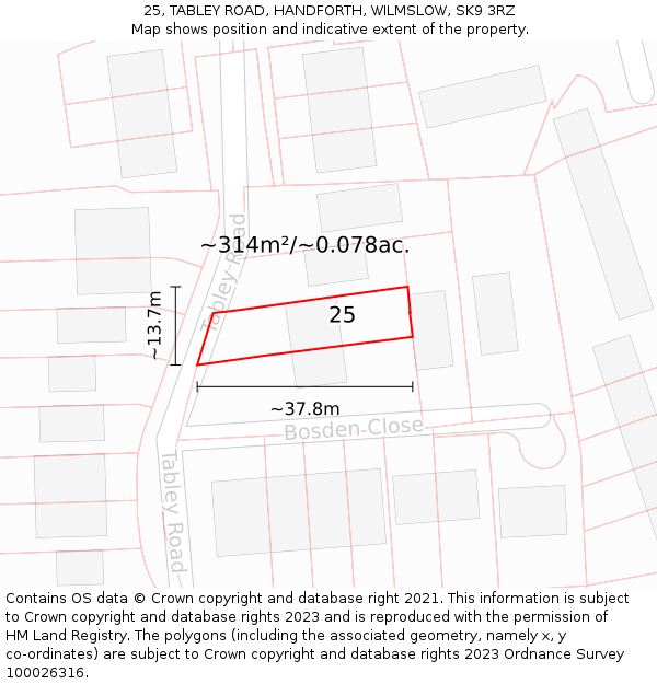 25, TABLEY ROAD, HANDFORTH, WILMSLOW, SK9 3RZ: Plot and title map