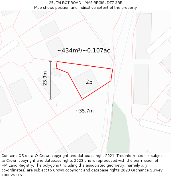 25, TALBOT ROAD, LYME REGIS, DT7 3BB: Plot and title map