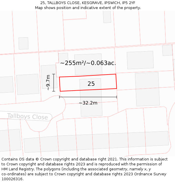 25, TALLBOYS CLOSE, KESGRAVE, IPSWICH, IP5 2YF: Plot and title map