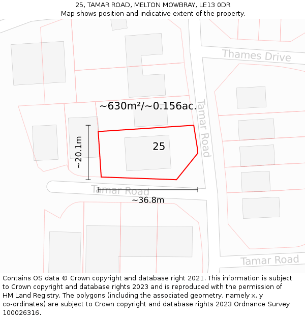 25, TAMAR ROAD, MELTON MOWBRAY, LE13 0DR: Plot and title map