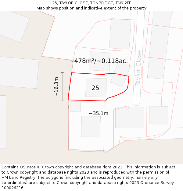 25, TAYLOR CLOSE, TONBRIDGE, TN9 2FE: Plot and title map