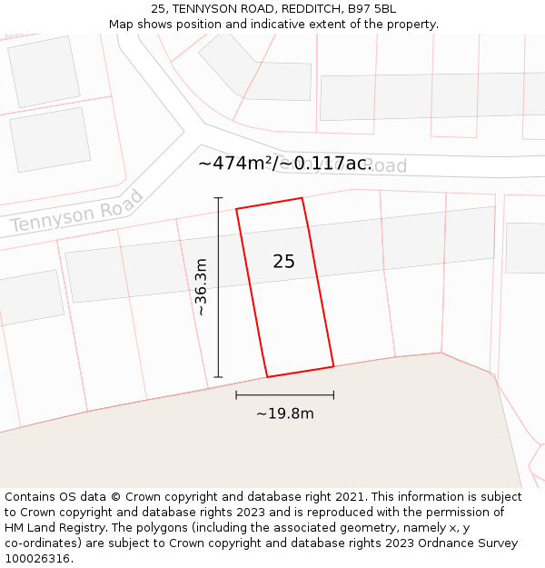 25, TENNYSON ROAD, REDDITCH, B97 5BL: Plot and title map