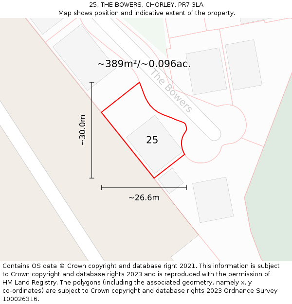 25, THE BOWERS, CHORLEY, PR7 3LA: Plot and title map