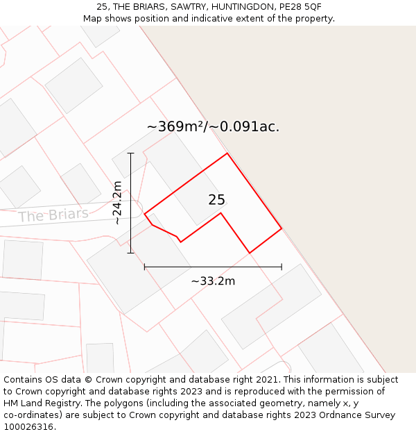 25, THE BRIARS, SAWTRY, HUNTINGDON, PE28 5QF: Plot and title map