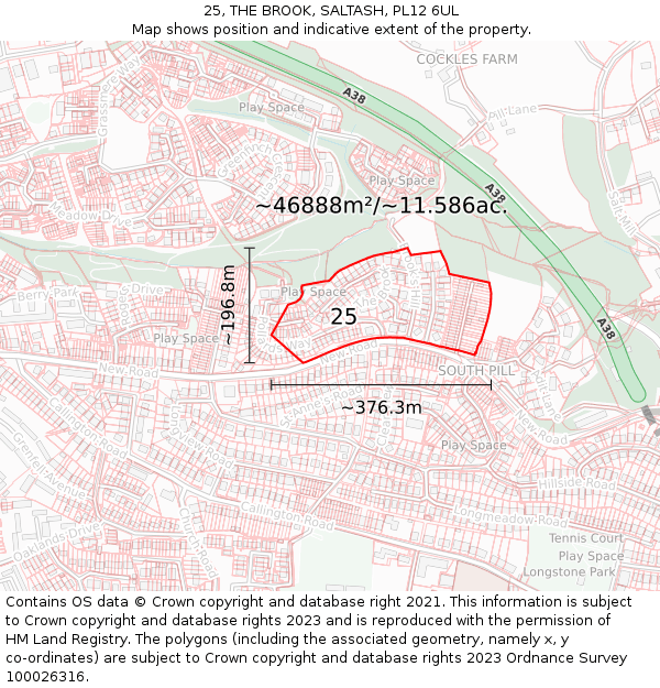 25, THE BROOK, SALTASH, PL12 6UL: Plot and title map