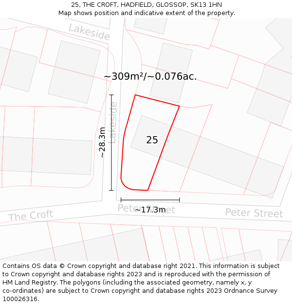 25, THE CROFT, HADFIELD, GLOSSOP, SK13 1HN: Plot and title map