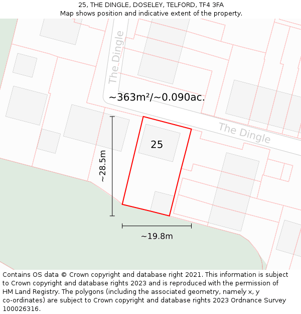 25, THE DINGLE, DOSELEY, TELFORD, TF4 3FA: Plot and title map