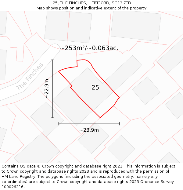 25, THE FINCHES, HERTFORD, SG13 7TB: Plot and title map