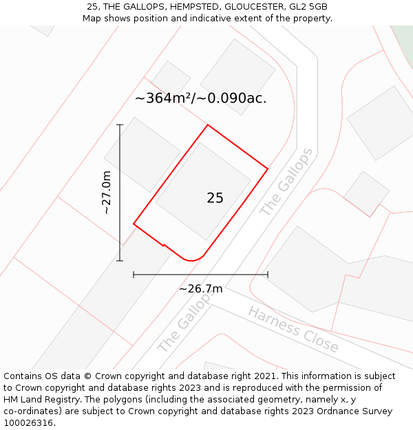 25, THE GALLOPS, HEMPSTED, GLOUCESTER, GL2 5GB: Plot and title map