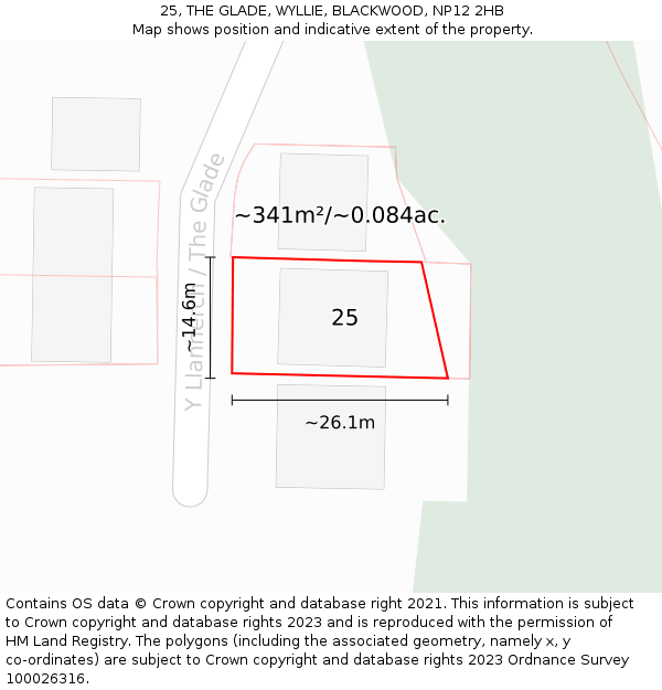 25, THE GLADE, WYLLIE, BLACKWOOD, NP12 2HB: Plot and title map