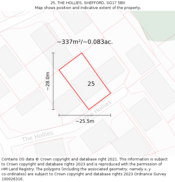 25, THE HOLLIES, SHEFFORD, SG17 5BX: Plot and title map